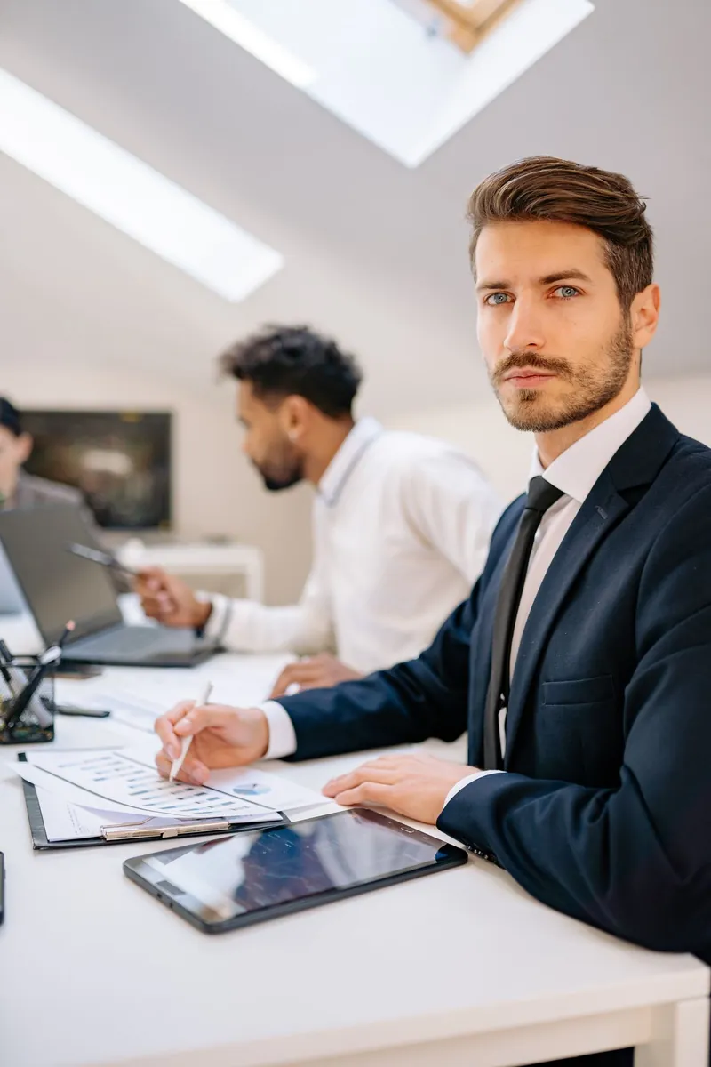 A finance professional reviewing reports at a desk